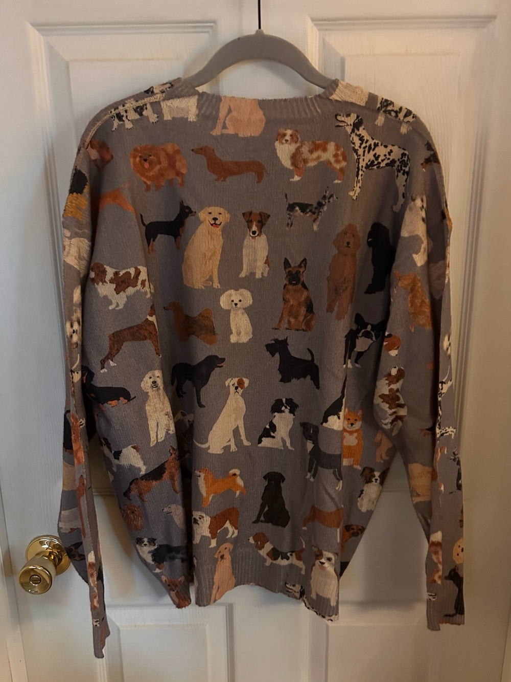 Dog Print Crewneck Sweater in Gray with Multicolor Puppies - Picture 4 of 4